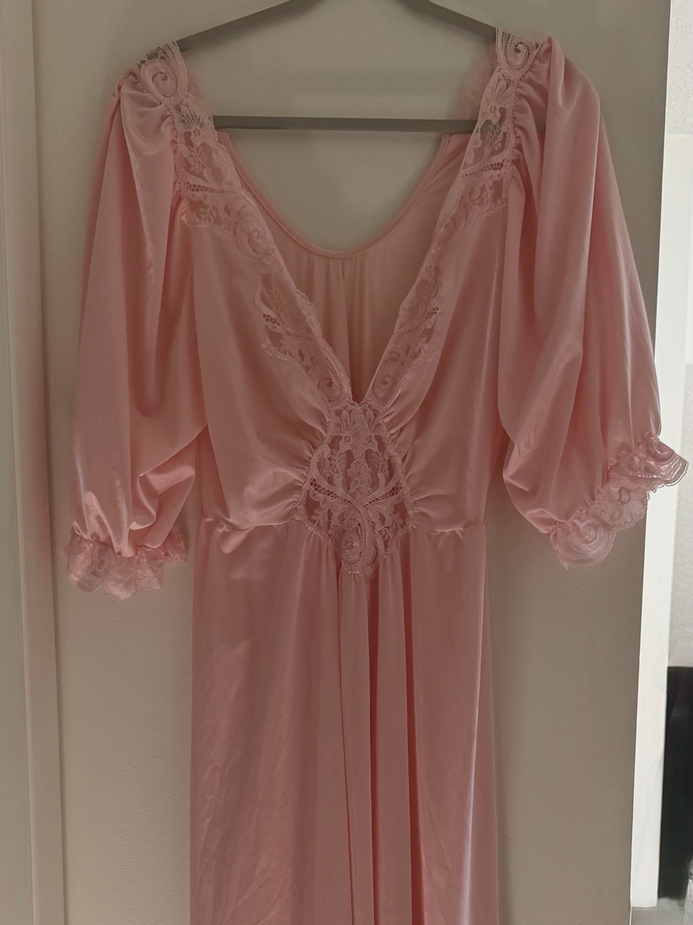 RARE 80s Vintage Olga Nightgown Pink Lace V Neck Spandex Bodice Maxi 92470 XXXL